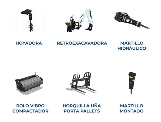 Variedad de implementos para minicargador