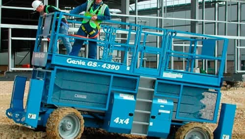 Operario usando arnés en la plataforma elevadora